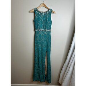 Jodi Kristopher Gown Dress Size 1 Teal Green Blue Beaded Lace Prom Bridesmaid